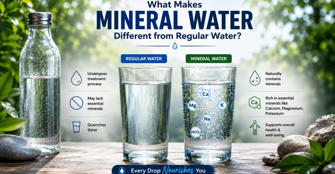 A visual comparison between regular water and mineral water, highlighting the natural minerals found in mineral water and their benefits for hydration, nutrition, and daily health.
