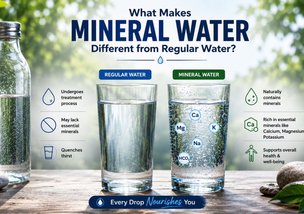 A visual comparison between regular water and mineral water, highlighting the natural minerals found in mineral water and their benefits for hydration, nutrition, and daily health.