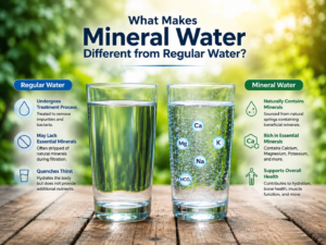 A visual comparison between regular water and mineral water, highlighting the natural minerals found in mineral water and their benefits for hydration, nutrition, and daily health.