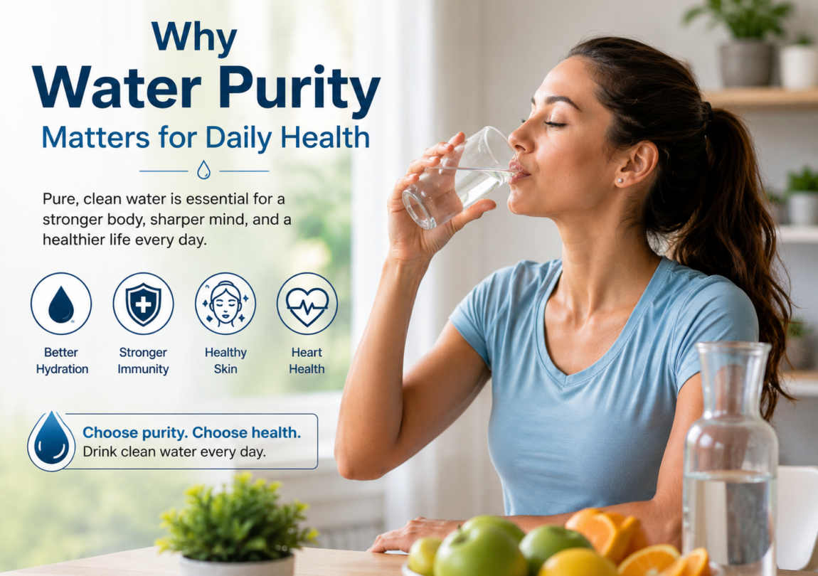 Woman drinking a glass of clean water beside healthy fruits and a water bottle, highlighting the importance of water purity for better hydration, immunity, skin health, and overall daily wellness