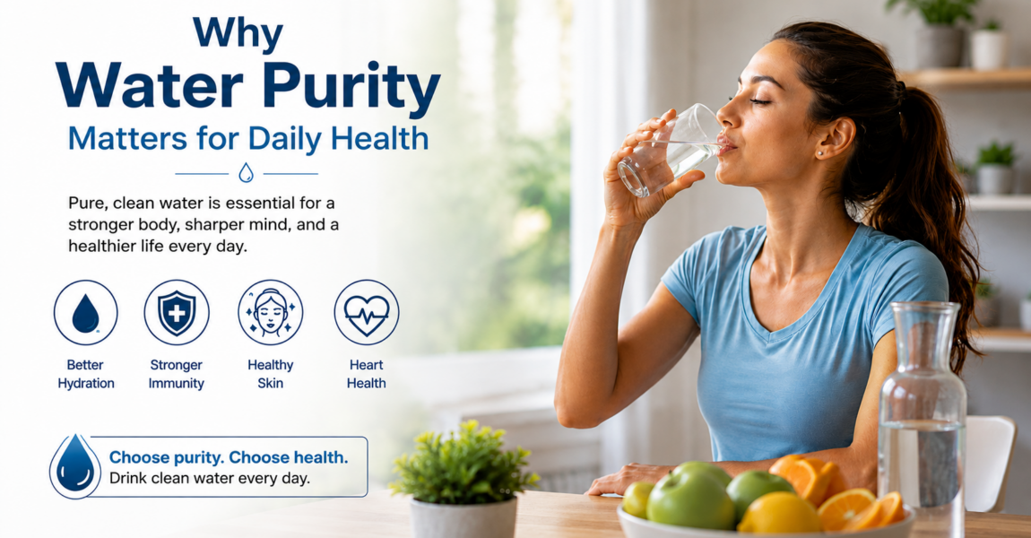 Woman drinking a glass of clean water beside healthy fruits and a water bottle, highlighting the importance of water purity for better hydration, immunity, skin health, and overall daily wellness