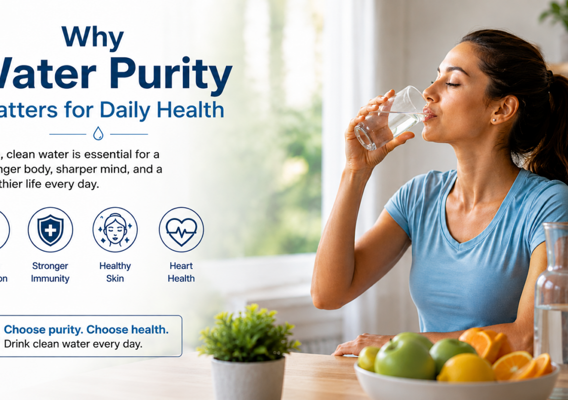 Woman drinking a glass of clean water beside healthy fruits and a water bottle, highlighting the importance of water purity for better hydration, immunity, skin health, and overall daily wellness
