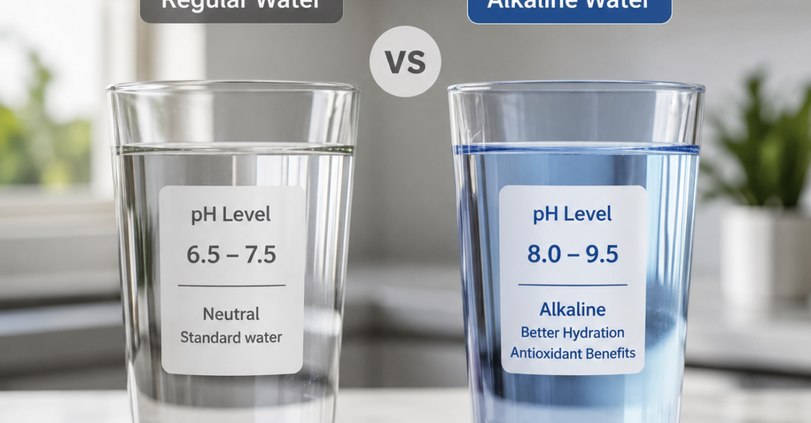 Comparison of regular water and alkaline water in two glasses, showing different pH levels and highlighting the benefits of alkaline water for hydration and antioxidant support