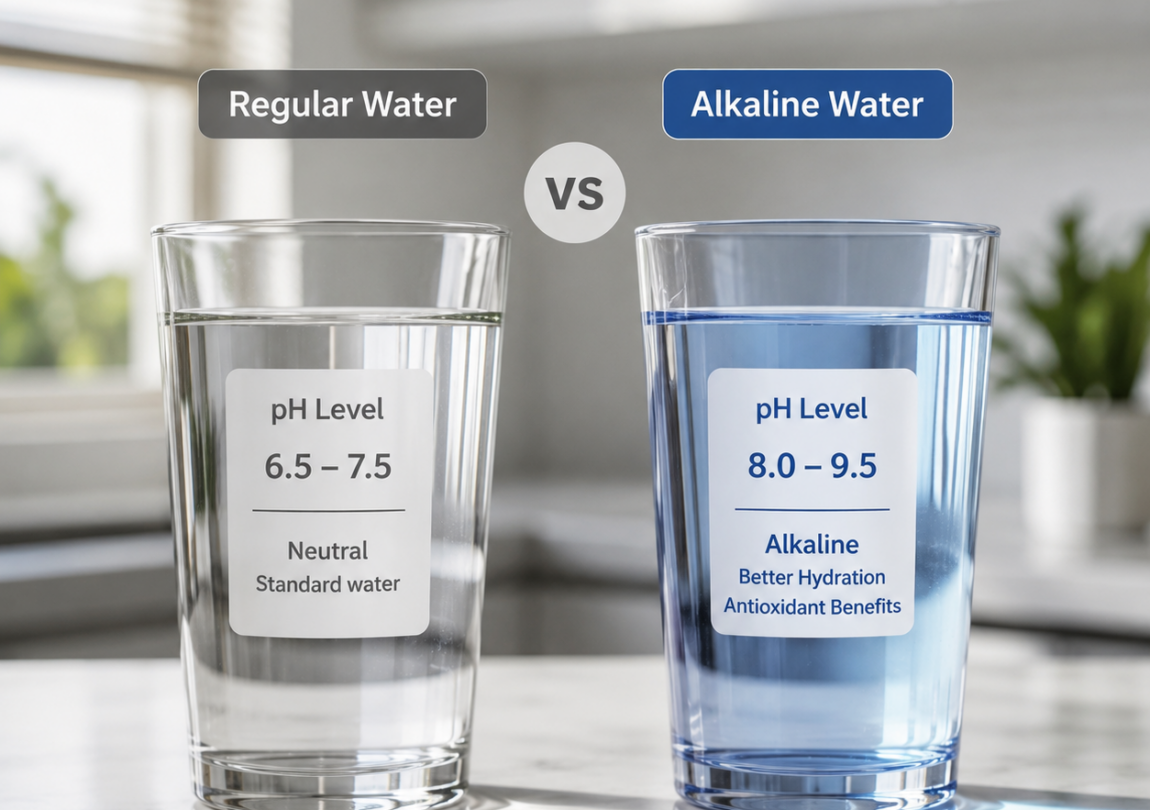 Comparison of regular water and alkaline water in two glasses, showing different pH levels and highlighting the benefits of alkaline water for hydration and antioxidant support