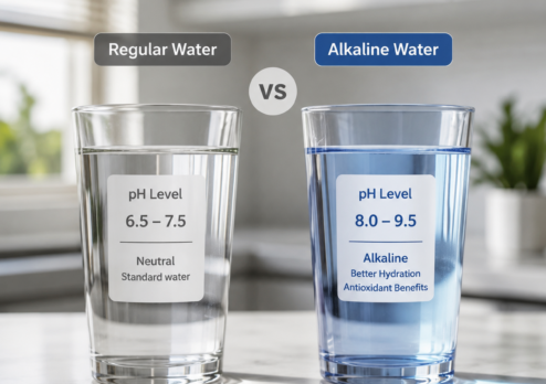 Comparison of regular water and alkaline water in two glasses, showing different pH levels and highlighting the benefits of alkaline water for hydration and antioxidant support