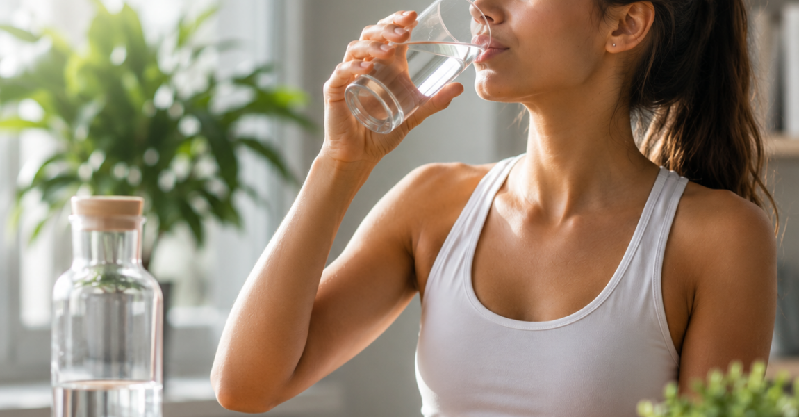 Woman drinking a glass of water beside fresh fruits in a bright kitchen, representing healthy hydration and a healthy lifestyle.
