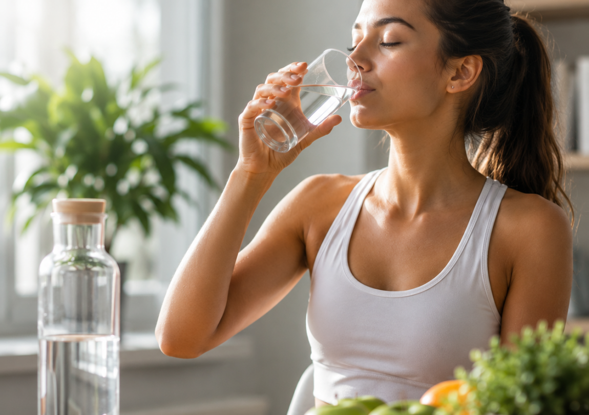 Woman drinking a glass of water beside fresh fruits in a bright kitchen, representing healthy hydration and a healthy lifestyle.