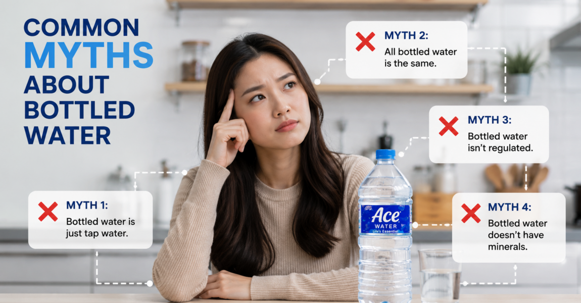 A woman looks at a bottled water infographic that debunks common myths about bottled water, highlighting facts about water quality, minerals, and safety.