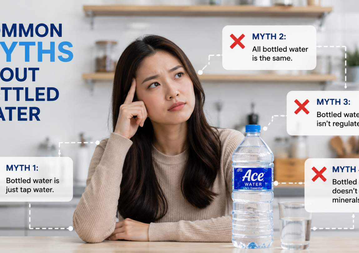 A woman looks at a bottled water infographic that debunks common myths about bottled water, highlighting facts about water quality, minerals, and safety.