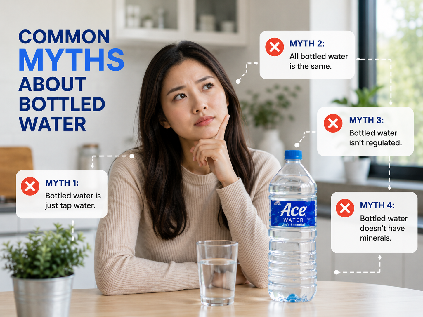 A woman looks at a bottled water infographic that debunks common myths about bottled water, highlighting facts about water quality, minerals, and safety.