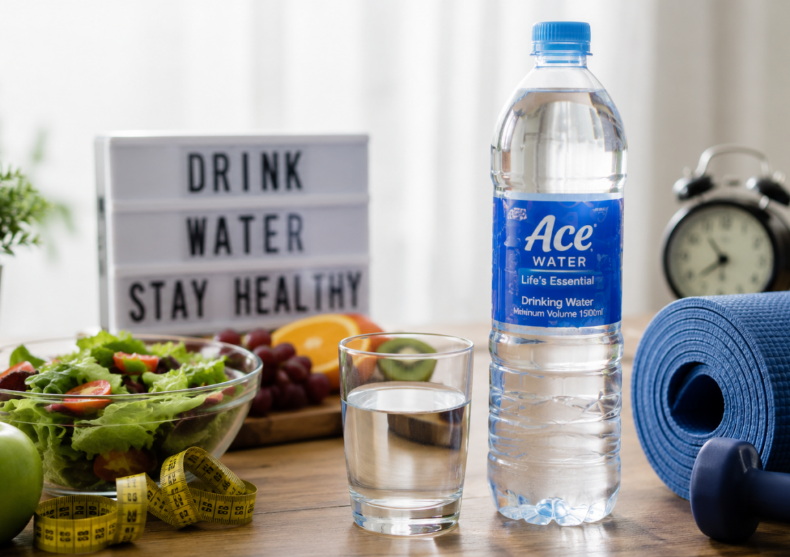 Mineral water bottle placed beside fresh fruits, a healthy salad, exercise equipment, and a glass of water, illustrating how mineral water complements a balanced diet, regular physical activity, and a healthy lifestyle.