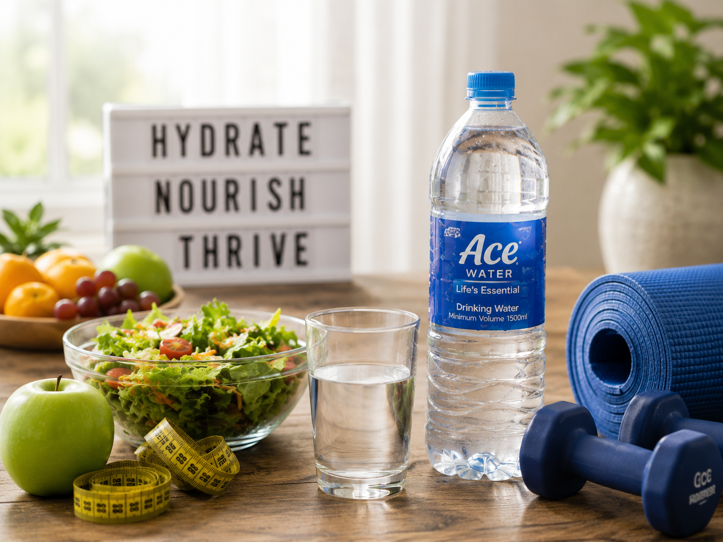 Mineral water bottle placed beside fresh fruits, a healthy salad, exercise equipment, and a glass of water, illustrating how mineral water complements a balanced diet, regular physical activity, and a healthy lifestyle.