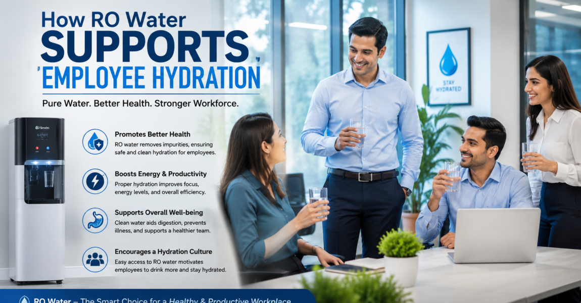 Office employees drinking RO water during a meeting beside a water dispenser, highlighting how clean RO water supports employee hydration, workplace wellness, productivity, and overall health in the office.