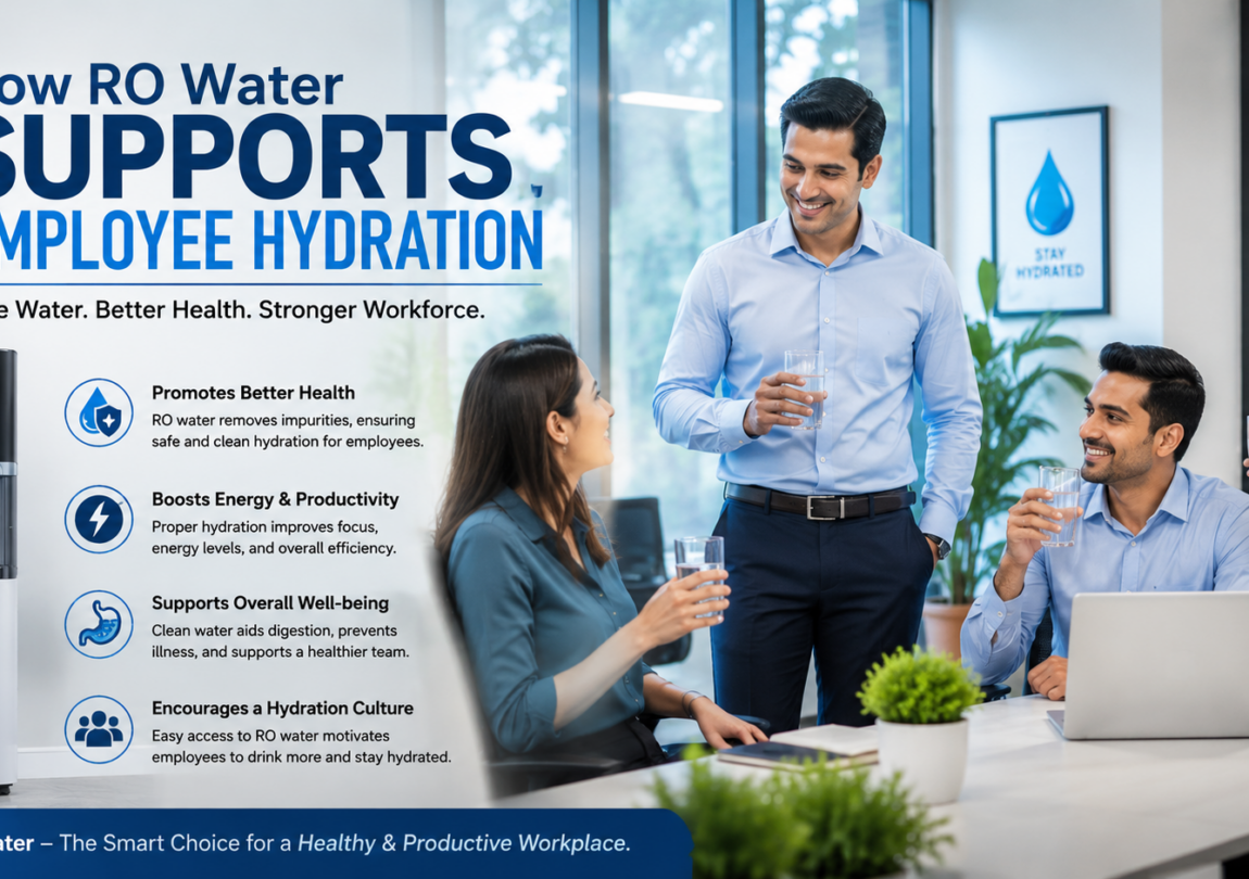 Office employees drinking RO water during a meeting beside a water dispenser, highlighting how clean RO water supports employee hydration, workplace wellness, productivity, and overall health in the office.