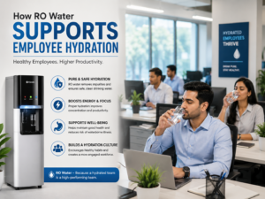 Employees drinking RO water in a modern office beside a water dispenser, illustrating how clean, purified water supports employee hydration, improves focus, boosts productivity, and promotes workplace wellness.
