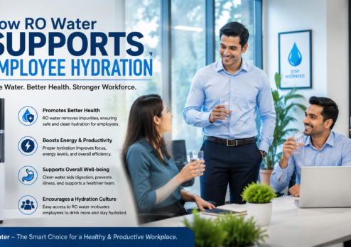 Office employees drinking RO water during a meeting beside a water dispenser, highlighting how clean RO water supports employee hydration, workplace wellness, productivity, and overall health in the office.