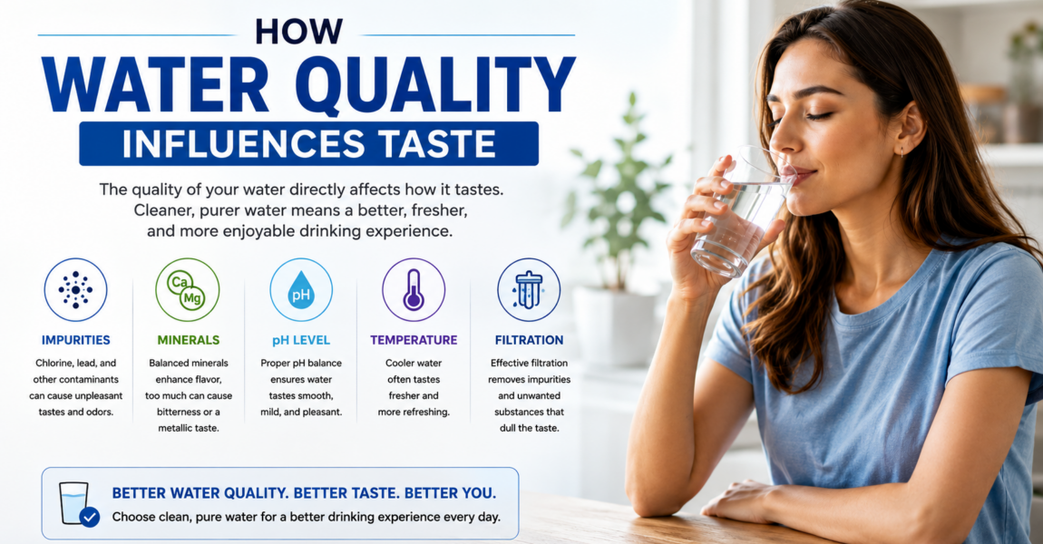 Woman enjoying a glass of water beside an infographic that explains how impurities, minerals, pH balance, temperature, and filtration affect water taste and overall drinking quality.