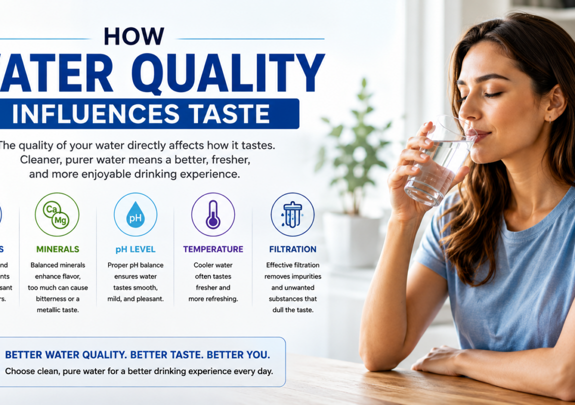Woman enjoying a glass of water beside an infographic that explains how impurities, minerals, pH balance, temperature, and filtration affect water taste and overall drinking quality.
