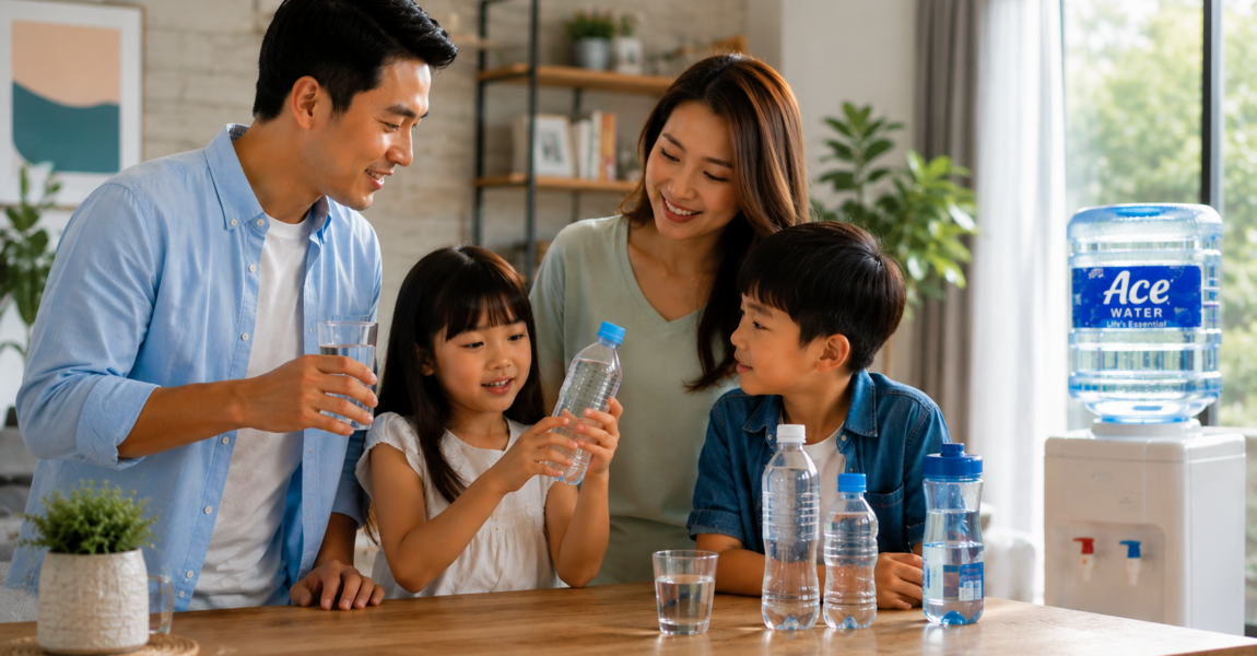 A family gathers around a table at home while comparing different drinking water options, with bottled water, reusable water bottles, and a water dispenser visible in the background. The image highlights the importance of choosing safe, clean, and suitable drinking water for every family member's daily hydration and well-being.