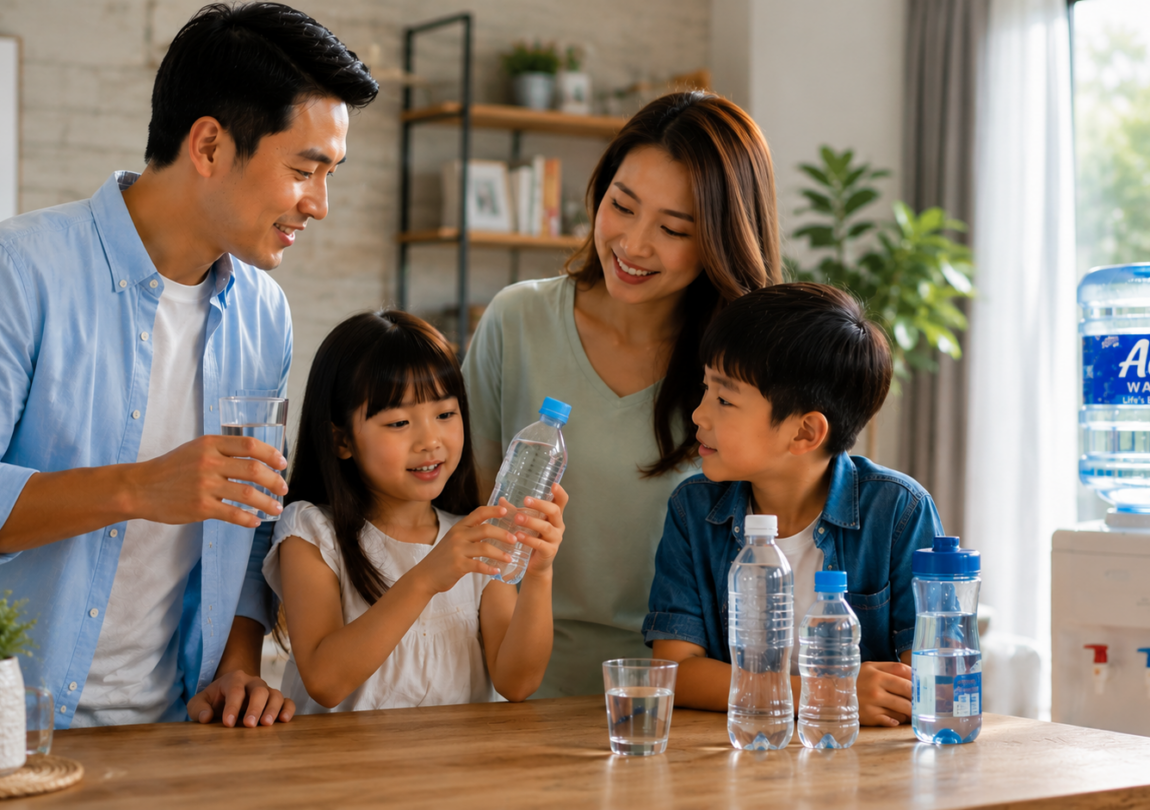A family gathers around a table at home while comparing different drinking water options, with bottled water, reusable water bottles, and a water dispenser visible in the background. The image highlights the importance of choosing safe, clean, and suitable drinking water for every family member's daily hydration and well-being.