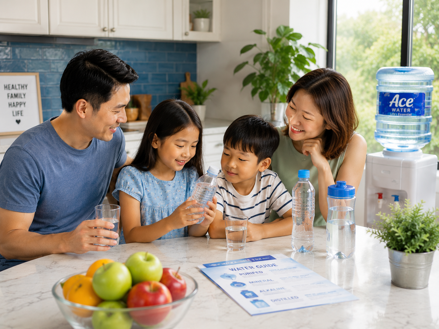 A family reviews different drinking water options at home while comparing bottled water and a water dispenser. The image illustrates the process of choosing the right drinking water for your family based on quality, hydration needs, and healthy lifestyle preferences.
