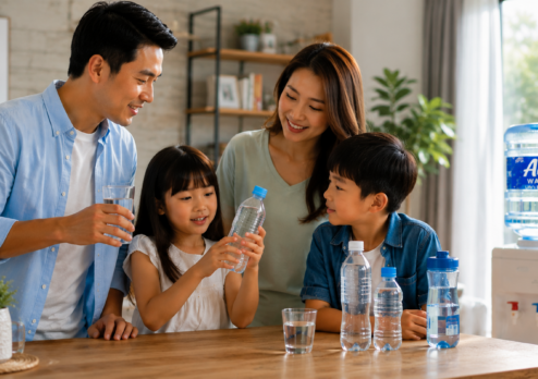 A family gathers around a table at home while comparing different drinking water options, with bottled water, reusable water bottles, and a water dispenser visible in the background. The image highlights the importance of choosing safe, clean, and suitable drinking water for every family member's daily hydration and well-being.