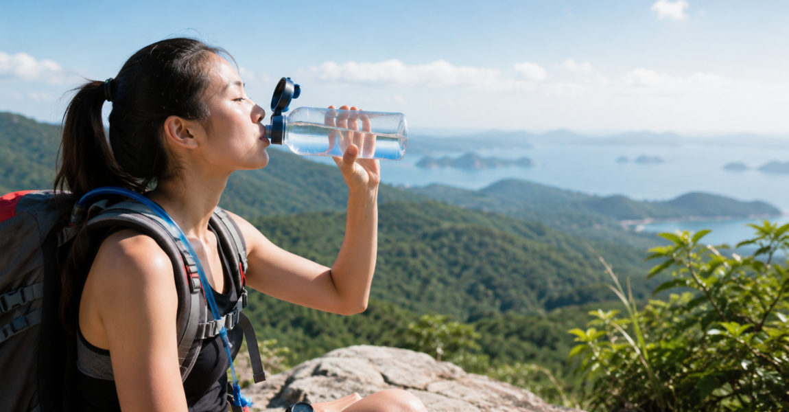 Hiker taking a break on a mountain trail and drinking water while overlooking a scenic landscape, highlighting the importance of proper hydration during outdoor activities, hiking, and other adventures in warm weather.