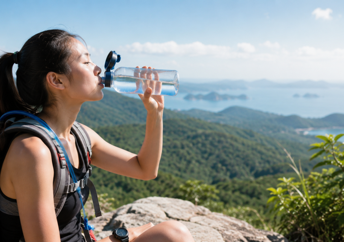 Hiker taking a break on a mountain trail and drinking water while overlooking a scenic landscape, highlighting the importance of proper hydration during outdoor activities, hiking, and other adventures in warm weather.