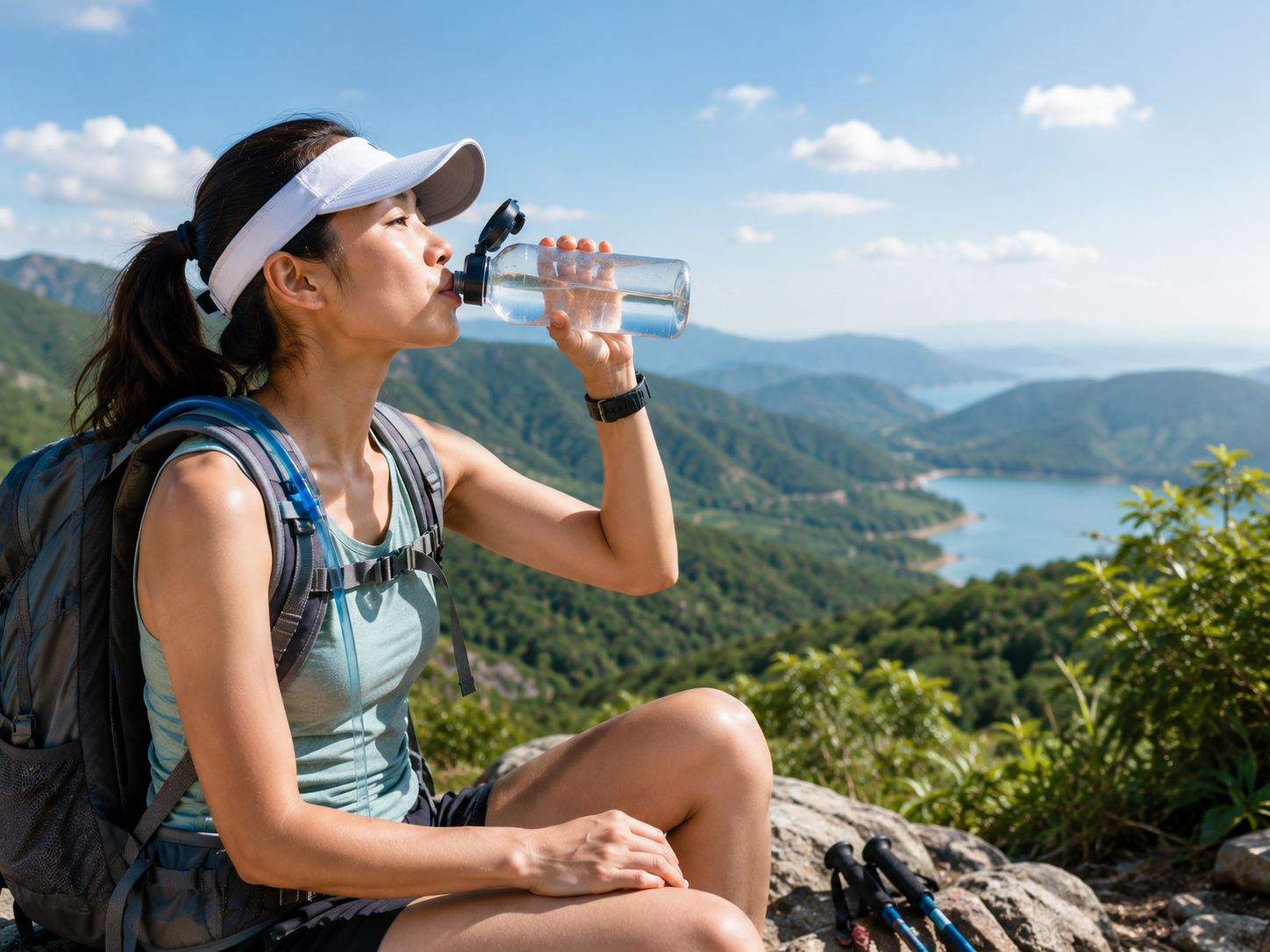 Hiker taking a break on a mountain trail and drinking water while overlooking a scenic landscape, highlighting the importance of proper hydration during outdoor activities, hiking, and other adventures in warm weather.