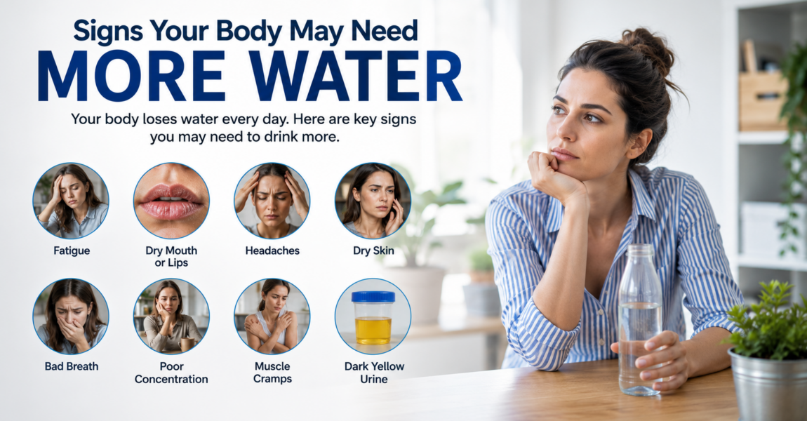 Educational graphic highlighting dehydration warning signs, featuring a woman sitting with a water bottle and icons showing symptoms such as fatigue, dry lips, headaches, dry skin, poor focus, muscle cramps, bad breath, and dark-colored urine that may indicate the need for increased water intake.