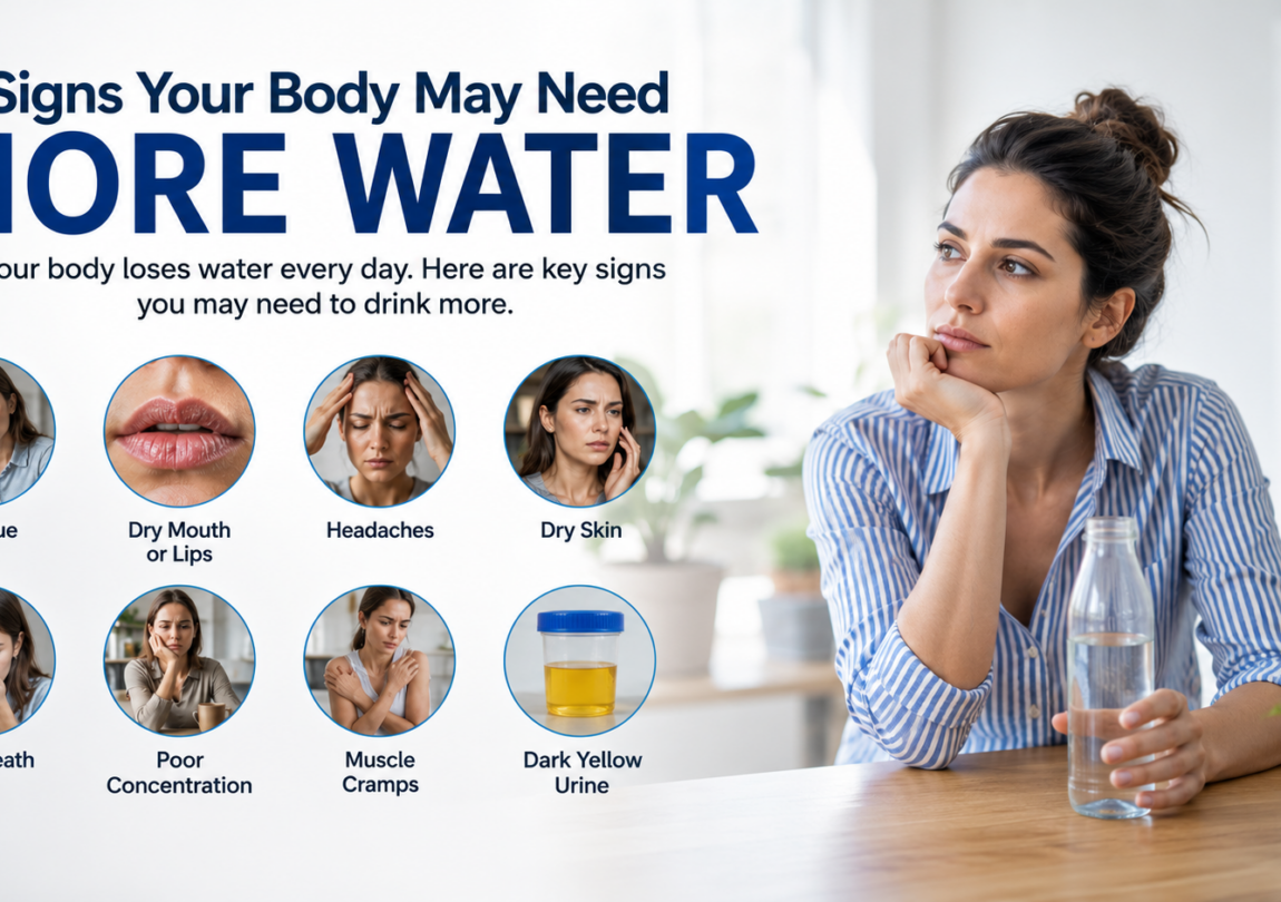 Educational graphic highlighting dehydration warning signs, featuring a woman sitting with a water bottle and icons showing symptoms such as fatigue, dry lips, headaches, dry skin, poor focus, muscle cramps, bad breath, and dark-colored urine that may indicate the need for increased water intake.