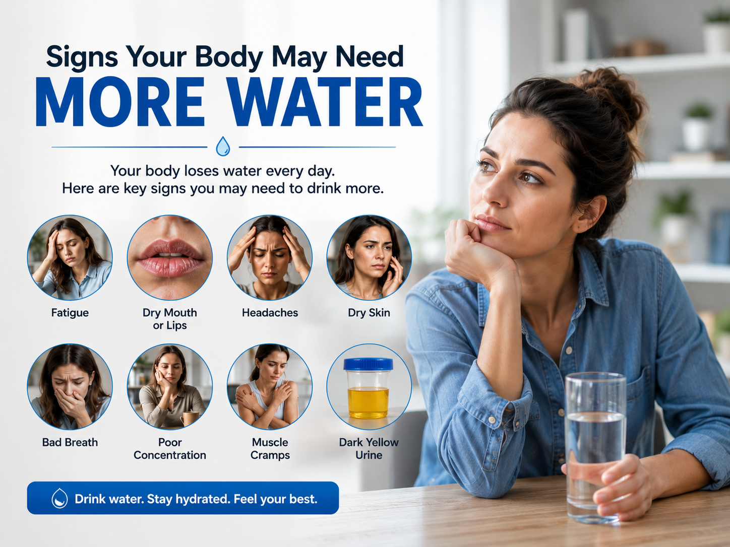 Educational graphic highlighting dehydration warning signs, featuring a woman sitting with a water bottle and icons showing symptoms such as fatigue, dry lips, headaches, dry skin, poor focus, muscle cramps, bad breath, and dark-colored urine that may indicate the need for increased water intake.