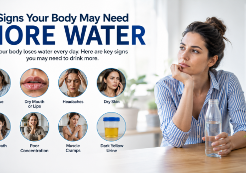 Educational graphic highlighting dehydration warning signs, featuring a woman sitting with a water bottle and icons showing symptoms such as fatigue, dry lips, headaches, dry skin, poor focus, muscle cramps, bad breath, and dark-colored urine that may indicate the need for increased water intake.