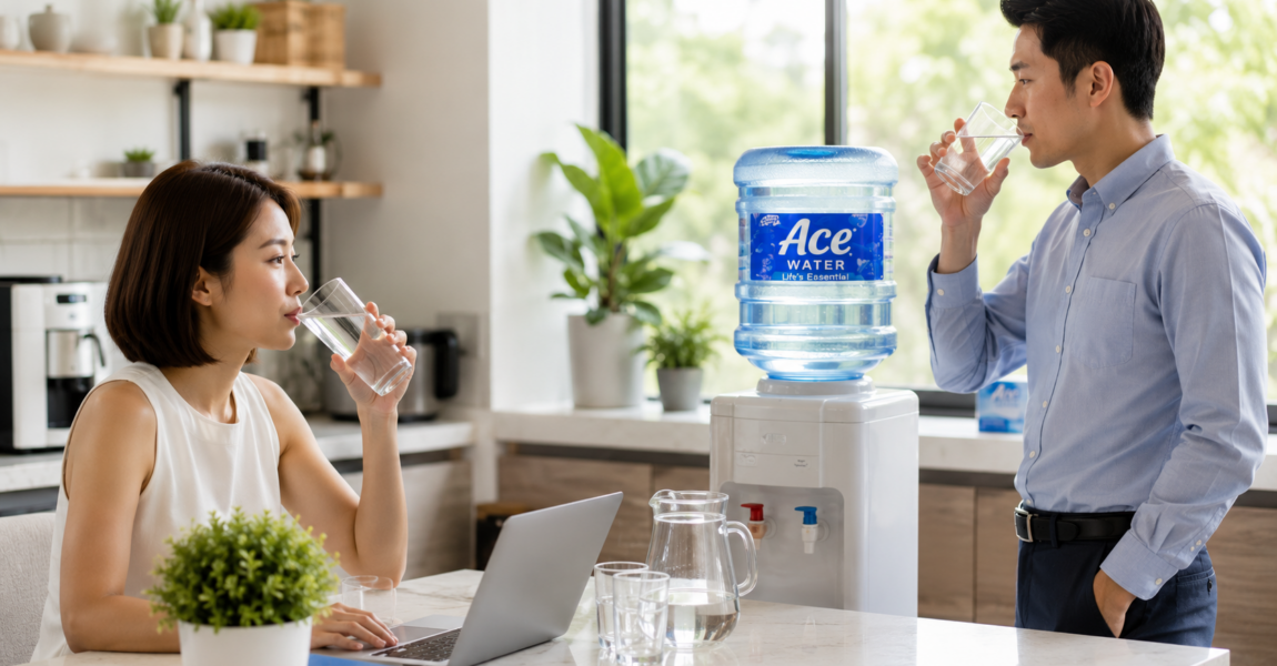 Employees drinking water from a 5-gallon water dispenser in a bright office pantry, highlighting practical summer hydration tips for homes and businesses to encourage regular water intake during hot weather.