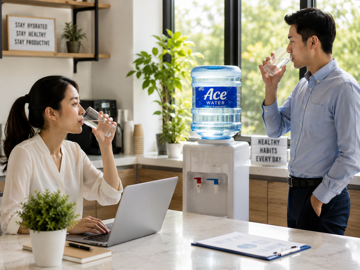 Employees drinking water from a 5-gallon water dispenser in a bright office pantry, highlighting practical summer hydration tips for homes and businesses to encourage regular water intake during hot weather.