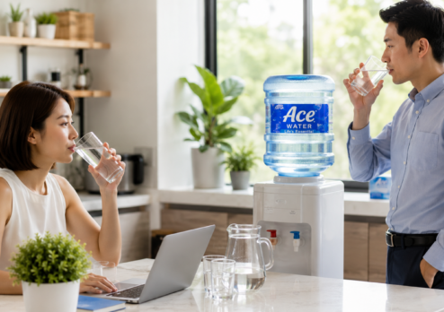 Employees drinking water from a 5-gallon water dispenser in a bright office pantry, highlighting practical summer hydration tips for homes and businesses to encourage regular water intake during hot weather.