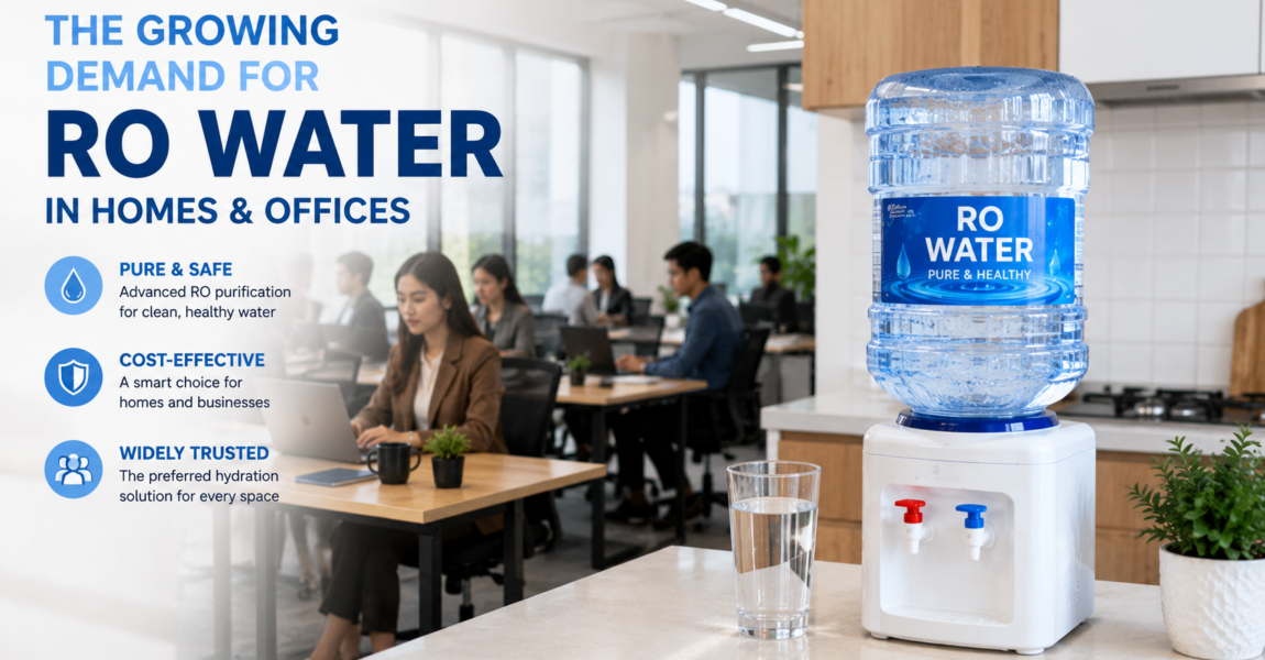 A professional works in a bright office while drinking a glass of RO water beside a water dispenser, illustrating the growing demand for clean, safe, and convenient RO water in homes and workplaces to support daily hydration and healthier lifestyles.