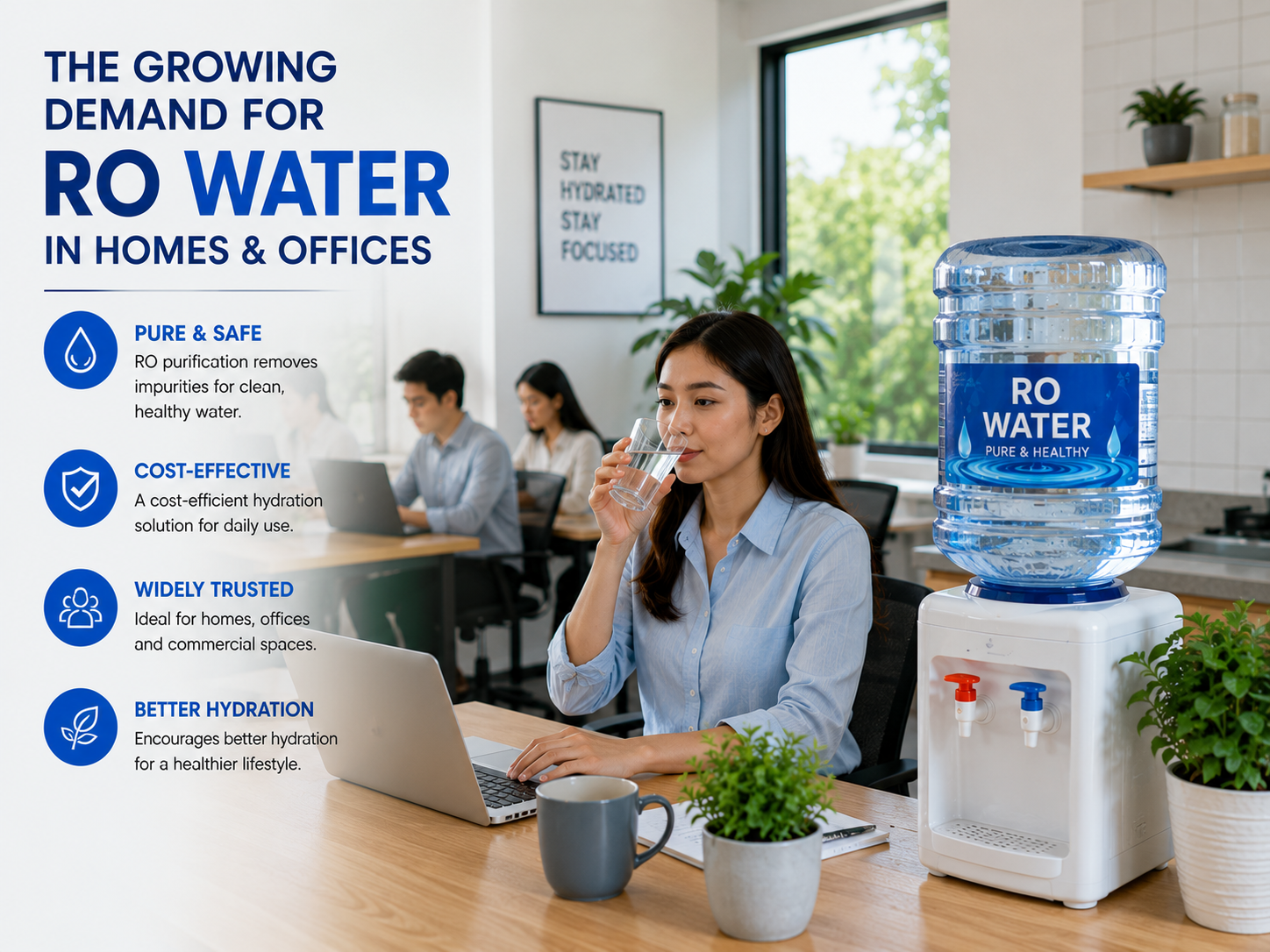 A woman enjoys a glass of RO water while working in a modern office beside an RO water dispenser, representing the growing demand for RO water in homes and offices for clean, safe, convenient, and reliable daily hydration.