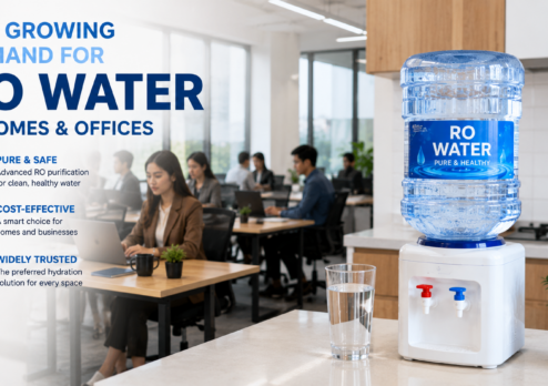 A professional works in a bright office while drinking a glass of RO water beside a water dispenser, illustrating the growing demand for clean, safe, and convenient RO water in homes and workplaces to support daily hydration and healthier lifestyles.