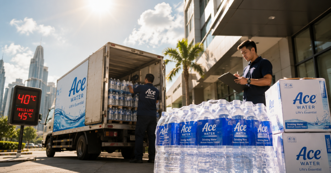 Water delivery team unloading bottled water from a truck on a hot sunny day, with a temperature display showing extreme heat. The image highlights the importance of staying hydrated during heatwaves by ensuring a reliable supply of clean drinking water for homes and businesses.
