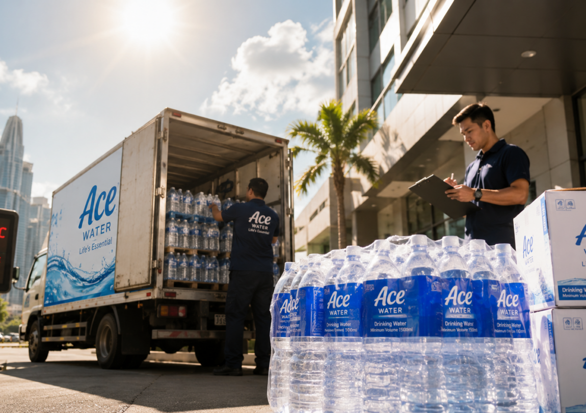 Water delivery team unloading bottled water from a truck on a hot sunny day, with a temperature display showing extreme heat. The image highlights the importance of staying hydrated during heatwaves by ensuring a reliable supply of clean drinking water for homes and businesses.