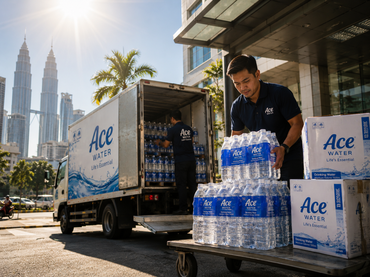 Ace Water delivery team unloading cartons and packs of bottled drinking water from a truck under the hot sun in Kuala Lumpur, highlighting the importance of reliable hydration and water intake during heatwaves.