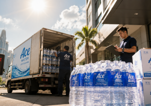 Water delivery team unloading bottled water from a truck on a hot sunny day, with a temperature display showing extreme heat. The image highlights the importance of staying hydrated during heatwaves by ensuring a reliable supply of clean drinking water for homes and businesses.