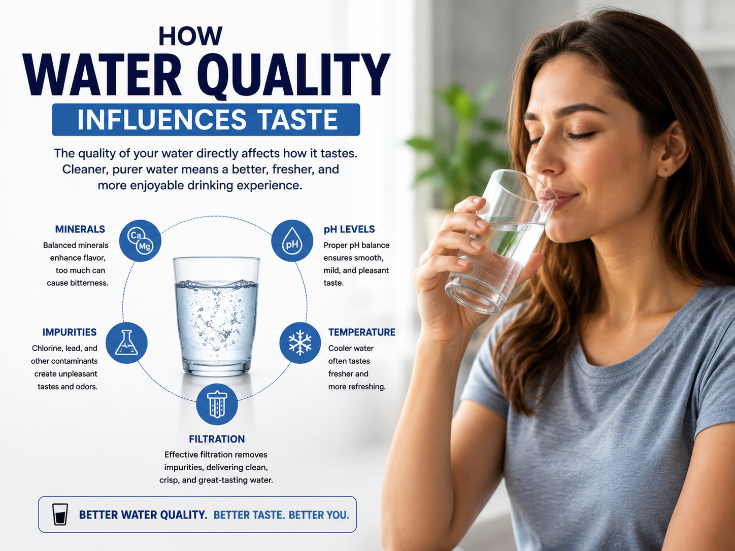 Educational graphic showing a woman enjoying a glass of water while illustrating how water quality affects taste. The infographic highlights the roles of mineral content, pH balance, filtration, temperature, and impurity removal in creating clean, refreshing, and better-tasting drinking water.
