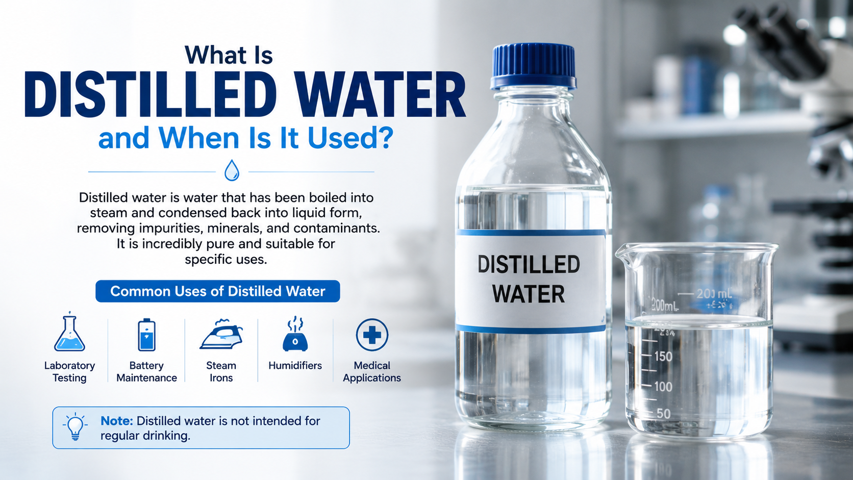 Illustration of distilled water in a laboratory setting, showing a bottle and beaker while explaining its high purity and common uses in medical, laboratory, and appliance applications.
