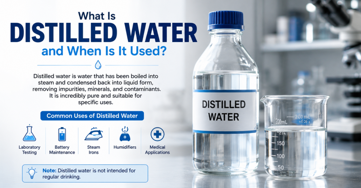 Illustration of distilled water in a laboratory setting, showing a bottle and beaker while explaining its high purity and common uses in medical, laboratory, and appliance applications.