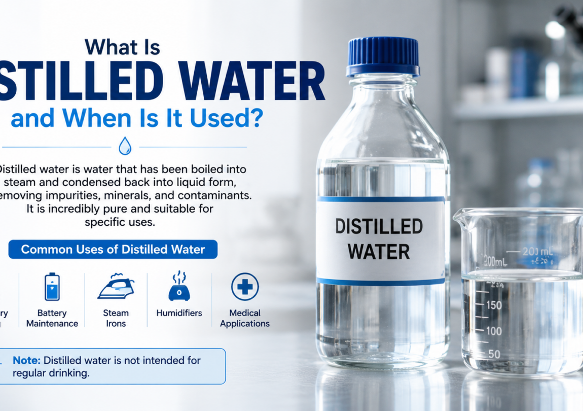 Illustration of distilled water in a laboratory setting, showing a bottle and beaker while explaining its high purity and common uses in medical, laboratory, and appliance applications.