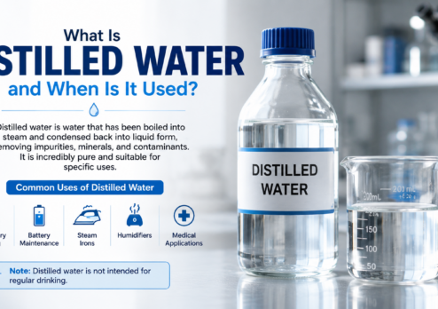 Illustration of distilled water in a laboratory setting, showing a bottle and beaker while explaining its high purity and common uses in medical, laboratory, and appliance applications.