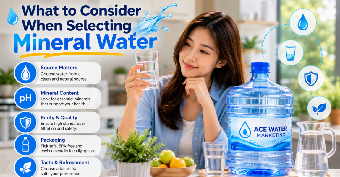 A woman examines a glass of mineral water while a 19L water bottle is displayed beside her. The infographic highlights key factors to consider when selecting mineral water, including a natural source, mineral content, purity, packaging, and taste for safe, healthy daily hydration.