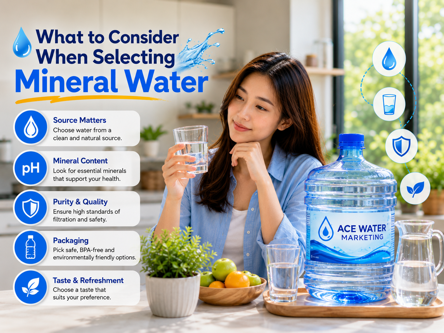 A woman examines a glass of mineral water while a 19L water bottle is displayed beside her. The infographic highlights key factors to consider when selecting mineral water, including a natural source, mineral content, purity, packaging, and taste for safe, healthy daily hydration.